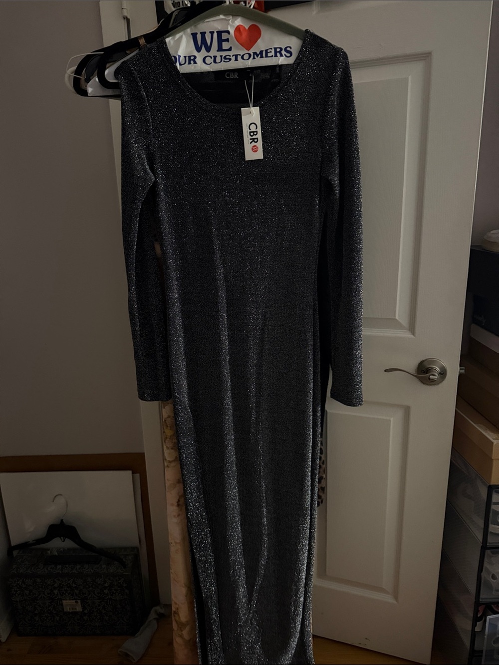 CBR Long Sleeve Glittering Charcoal Evening Gown